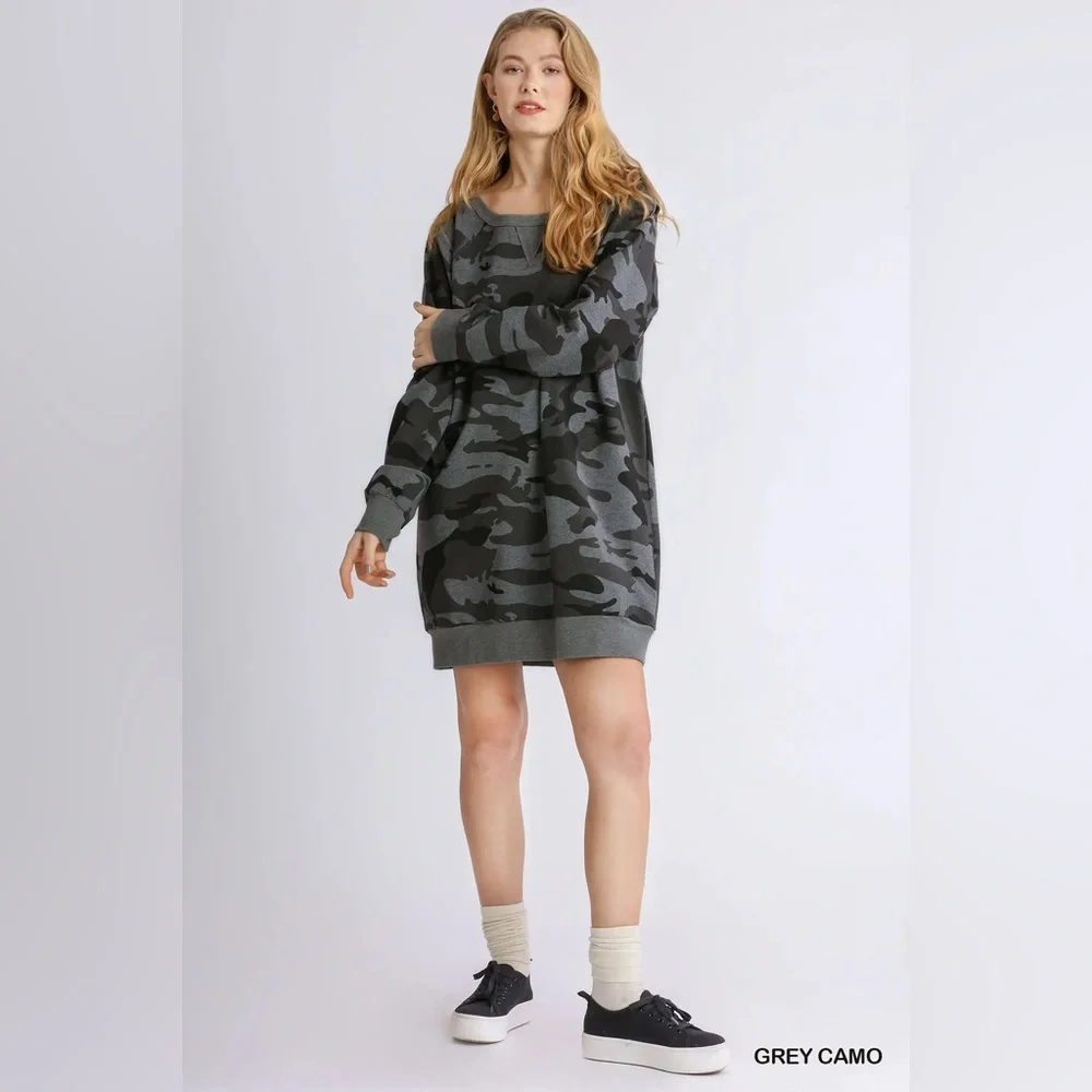 Umgee French Terry Camo Print Raw Edged Dress - Picture 2 of 5